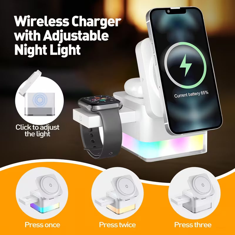 Chargeur Magnétique Sans Fil 4 en 1 – Recharge Rapide 15W et Support Multifonction