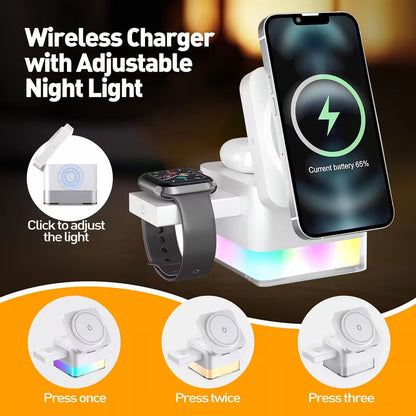 Chargeur Magnétique Sans Fil 4 en 1 – Recharge Rapide 15W et Support Multifonction