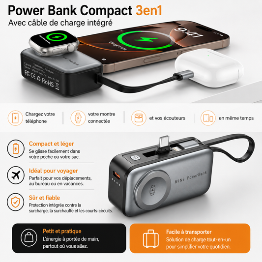 Batterie Externe Magnétique 3 en 1 30000mAh Charge Rapide Sans Fil