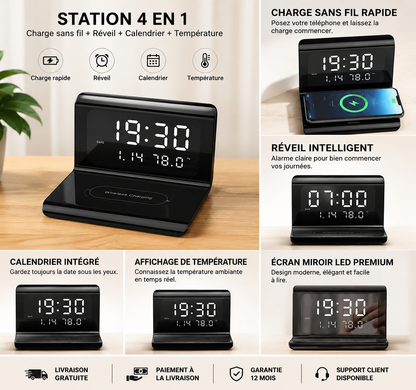 Station de Charge Sans Fil 4-en-1 avec Réveil Intelligent