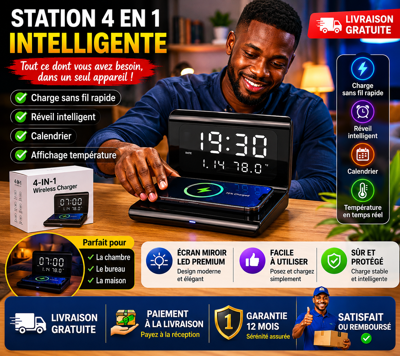 Station de Charge Sans Fil 4-en-1 avec Réveil Intelligent