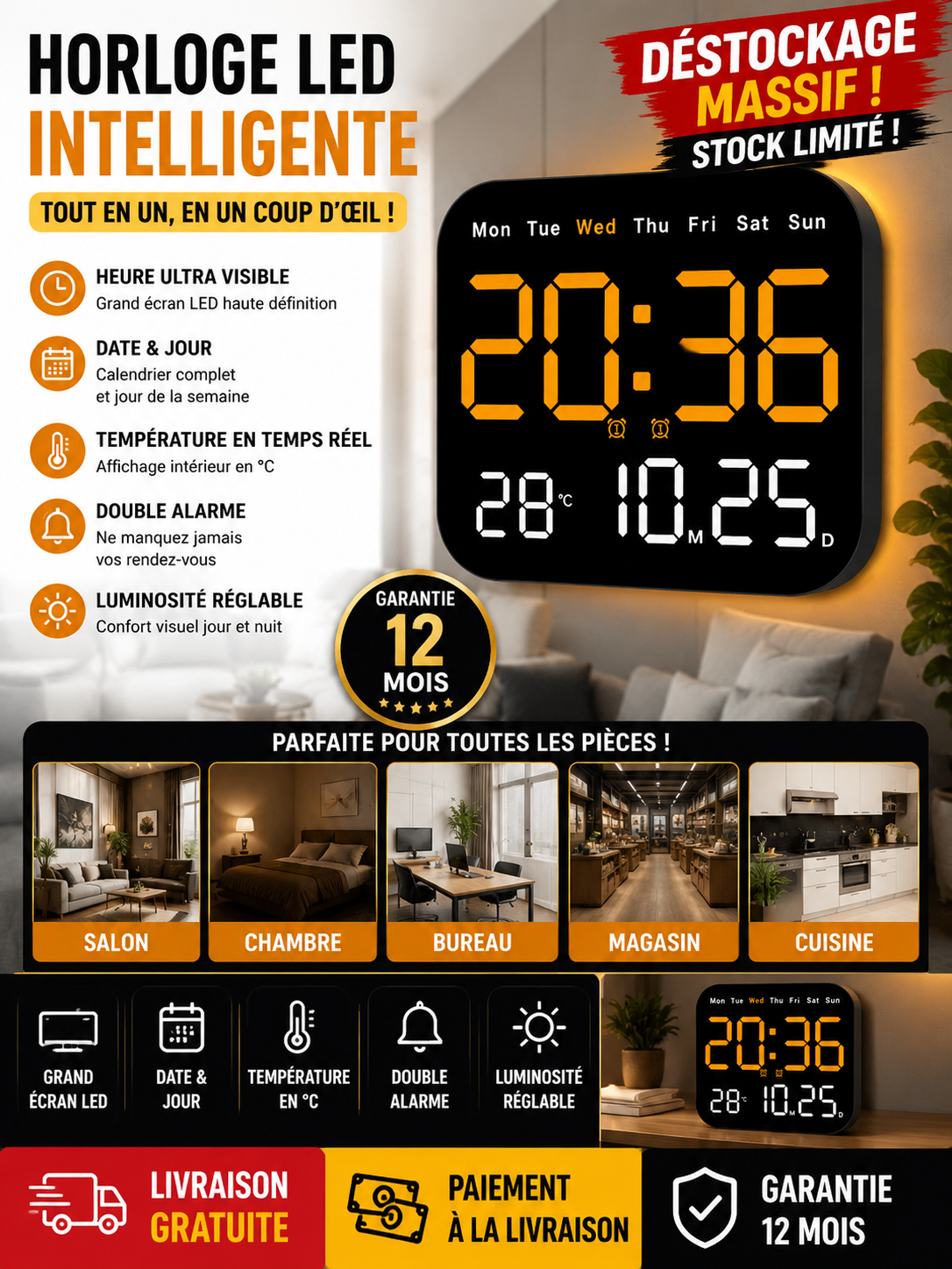 Réveil en Bois LED – Design Élégant &amp; Affichage Intuitif