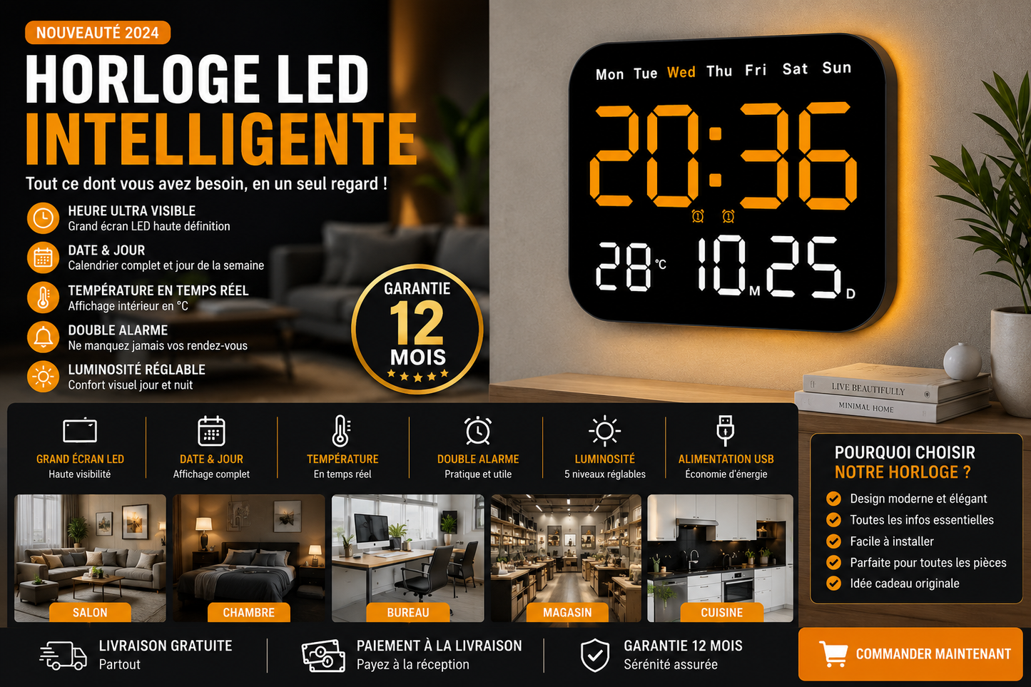 Réveil en Bois LED – Design Élégant &amp; Affichage Intuitif
