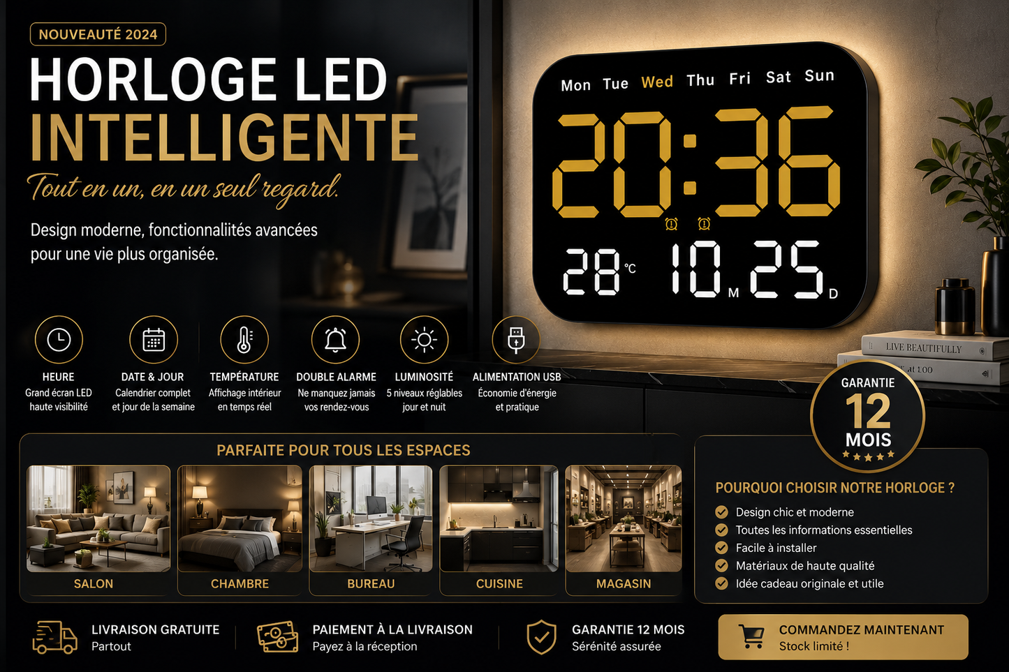 Réveil en Bois LED – Design Élégant &amp; Affichage Intuitif